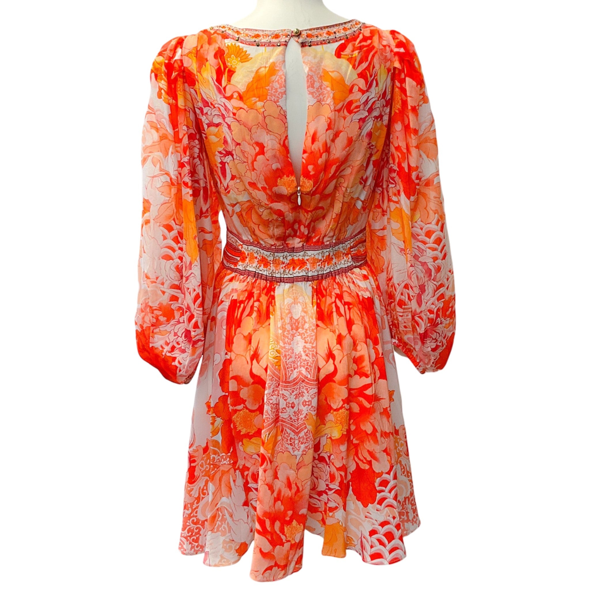 Camilla Orange / White Silk Dragon Mother Blouson Flared Dress