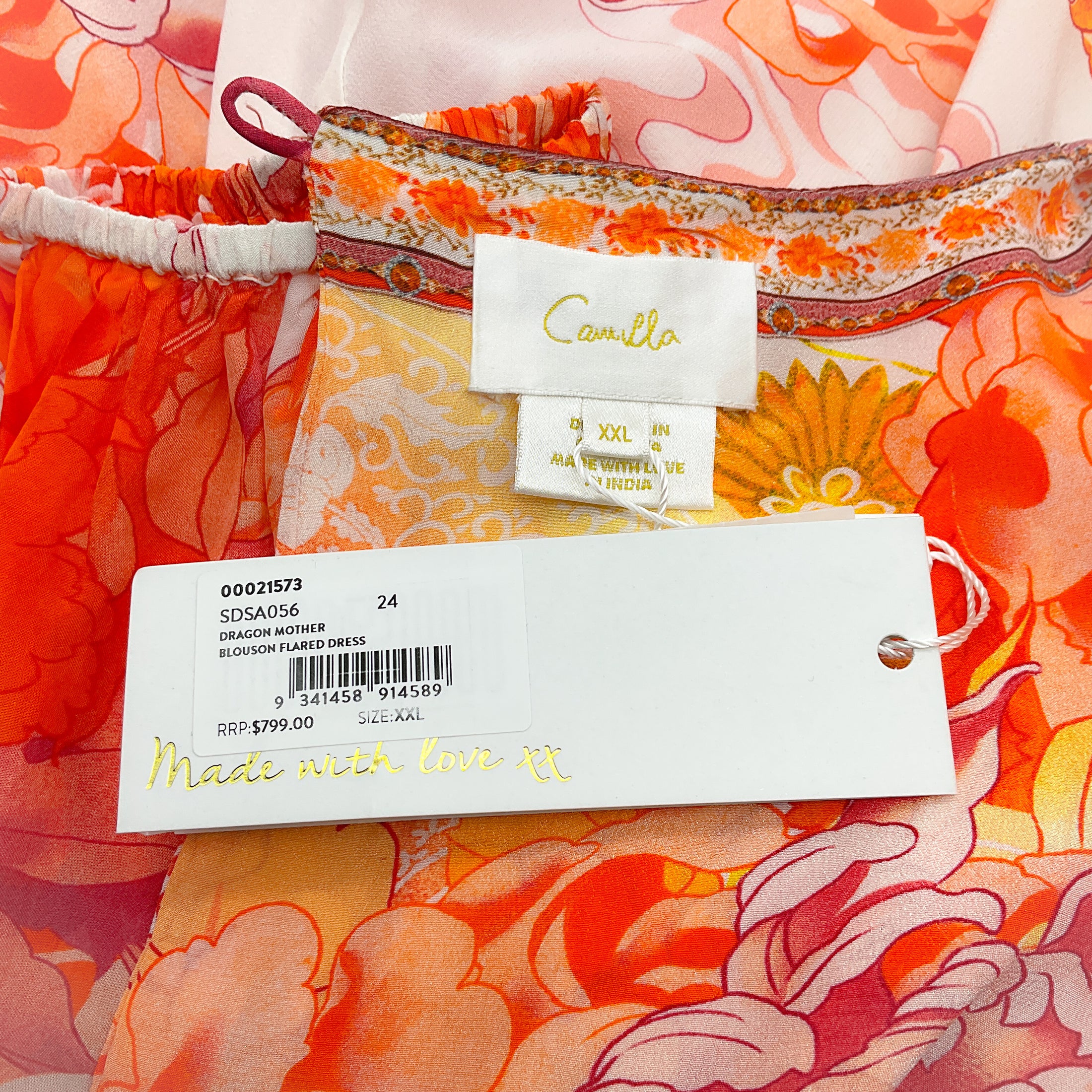 Camilla Orange / White Silk Dragon Mother Blouson Flared Dress