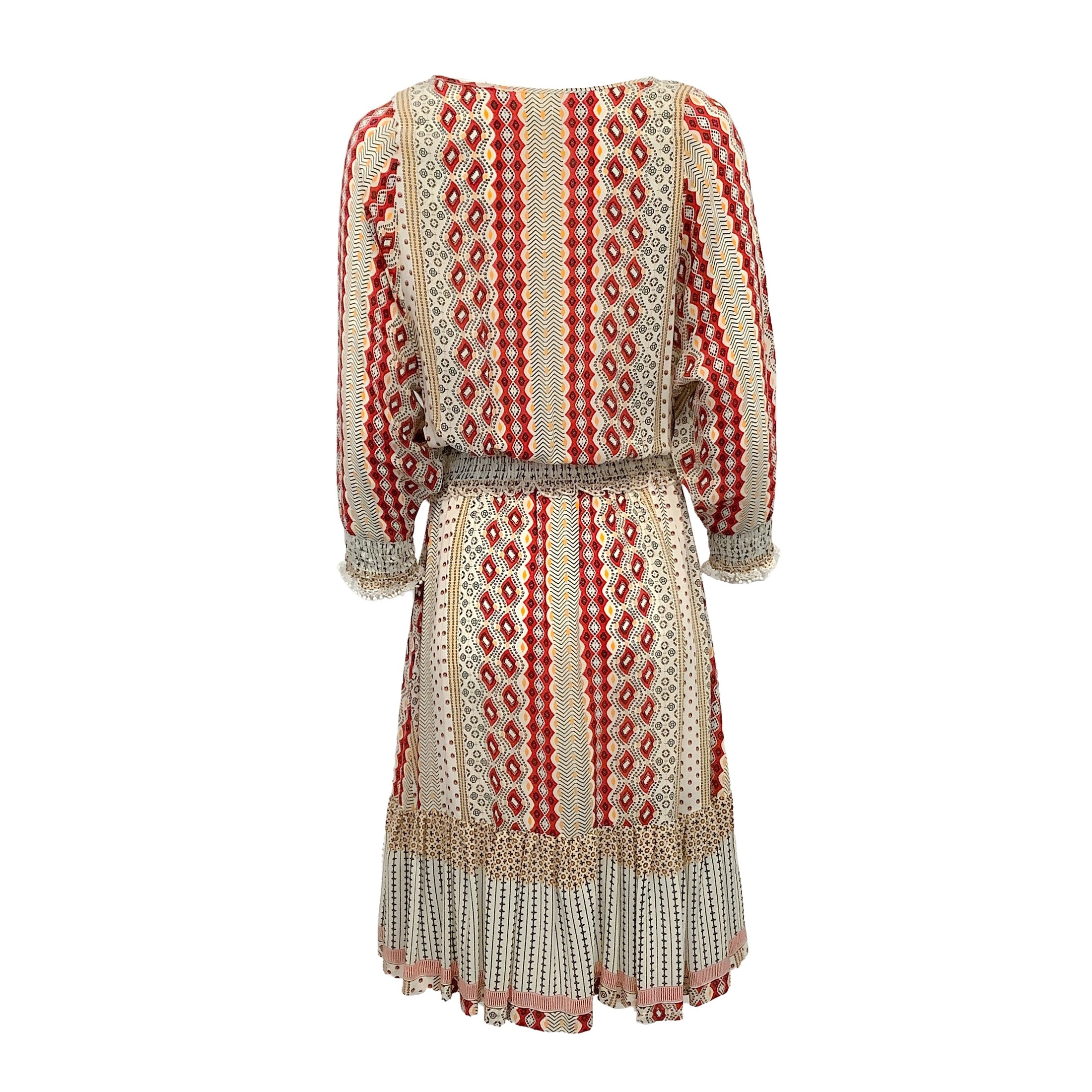 Warm Ivory / Red / Multi Shirred Silk Three Quarter Sleeve Dress