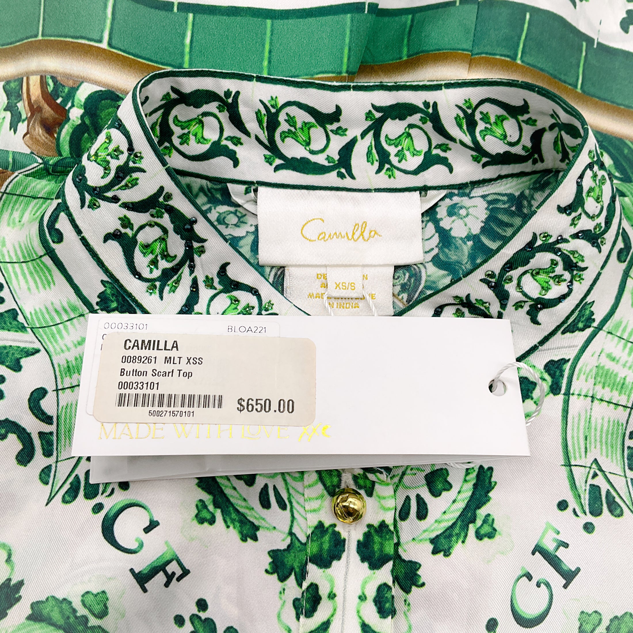 Camilla Green / White Button Scarf Tie Waist Top