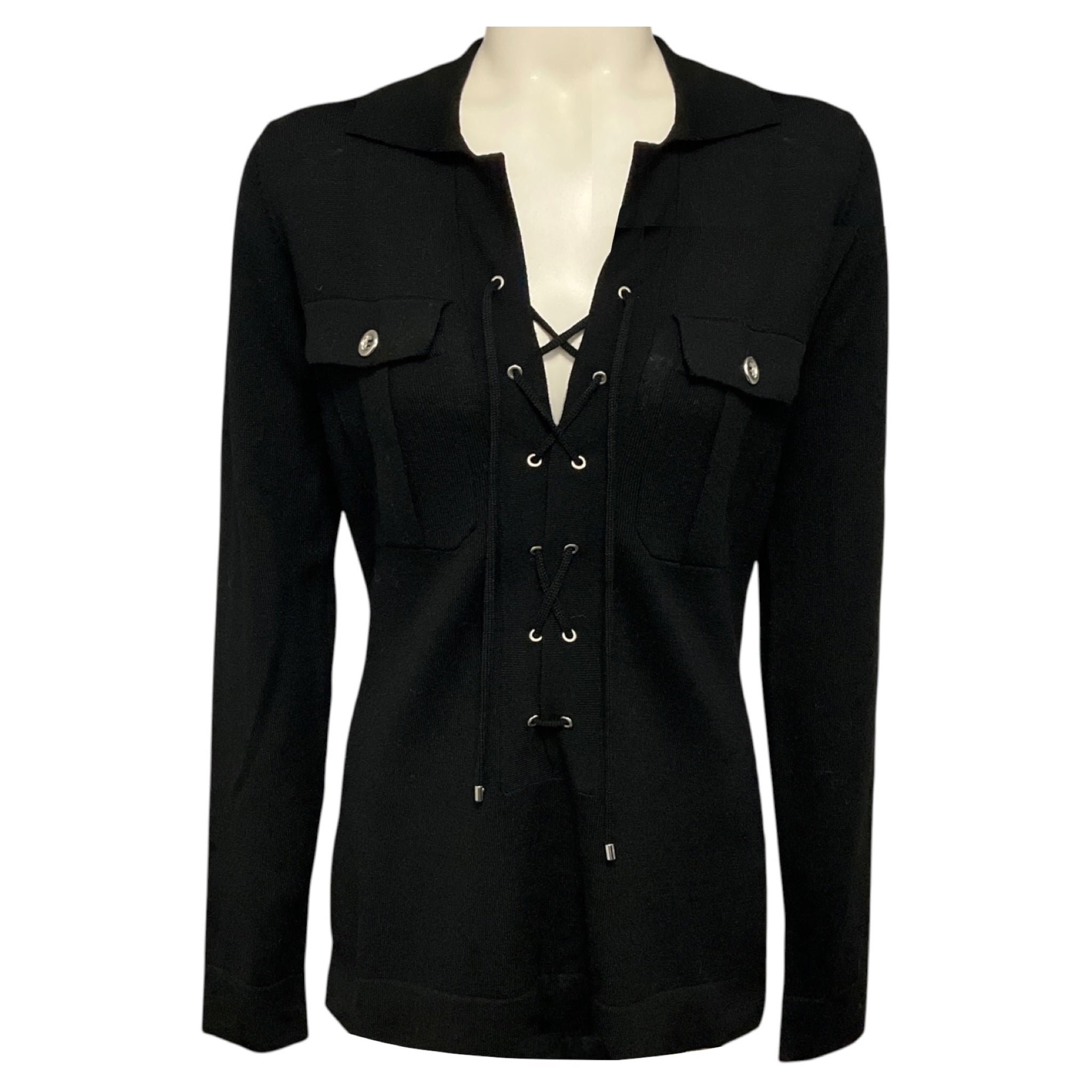 Barbara Bui Black Merino Wool Knit Safari Sweater