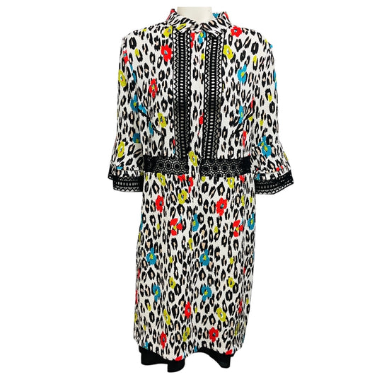 Talbot Runhof White / Red / Black Multi Leopard Printed Lace Trimmed Midi Dress