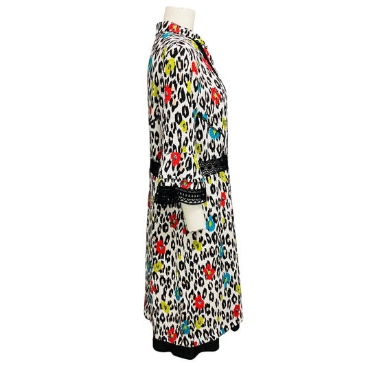 Talbot Runhof White / Red / Black Multi Leopard Printed Lace Trimmed Midi Dress