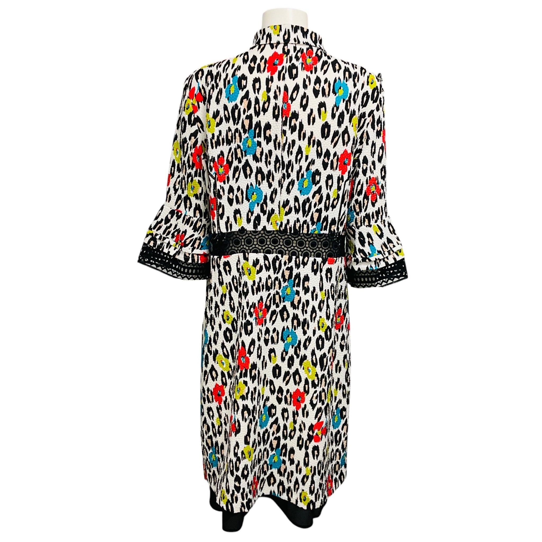Talbot Runhof White / Red / Black Multi Leopard Printed Lace Trimmed Midi Dress
