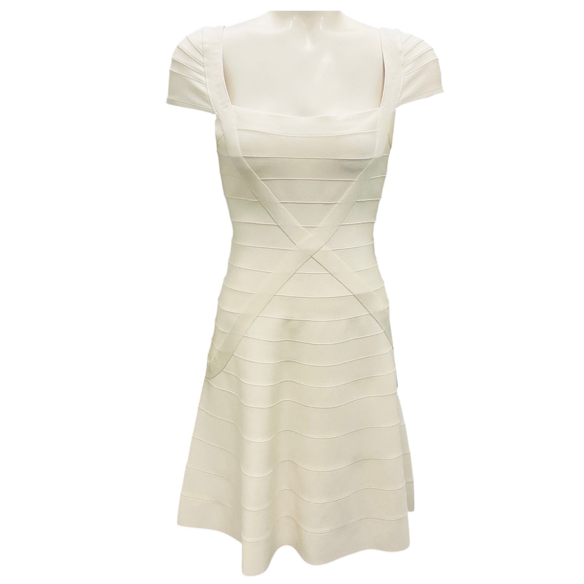 Herve Leger Ivory Makayla Cap Sleeved Flared Bandage Knit Mini Dress