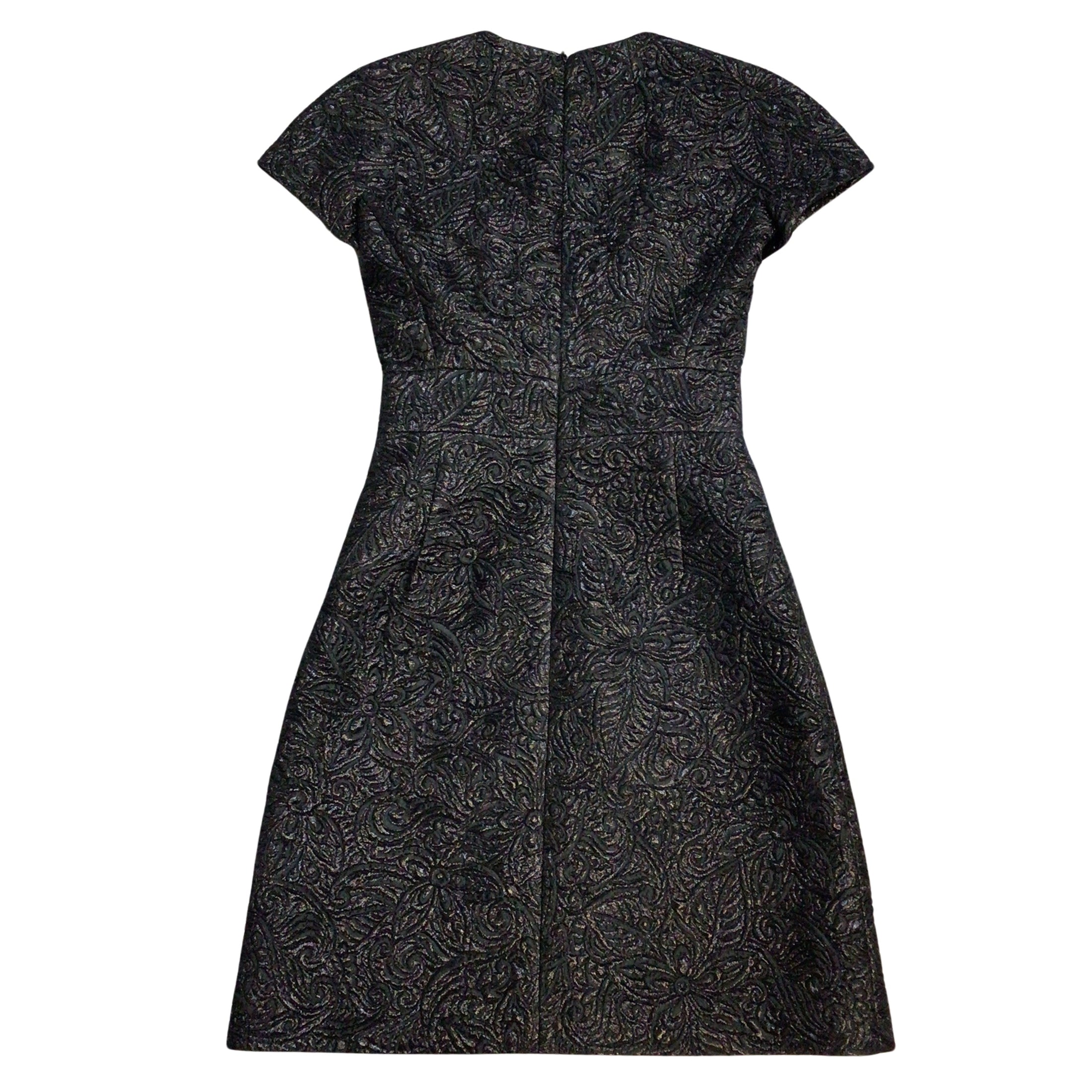 Michael Kors Collection Black Crystal Embellished Cut-Out Detail Short Sleeved Jacquard Brocade Dress