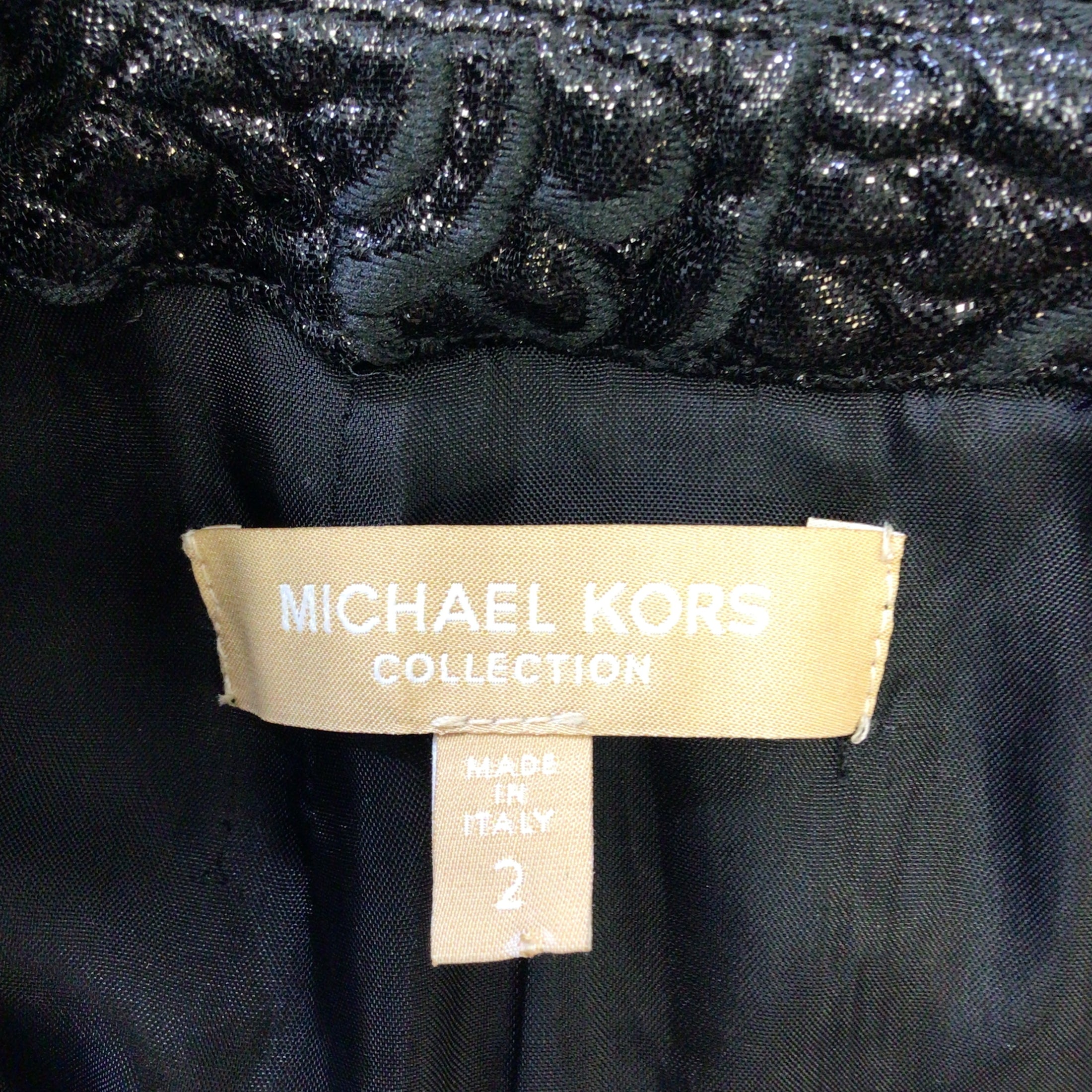 Michael Kors Collection Black Crystal Embellished Cut-Out Detail Short Sleeved Jacquard Brocade Dress