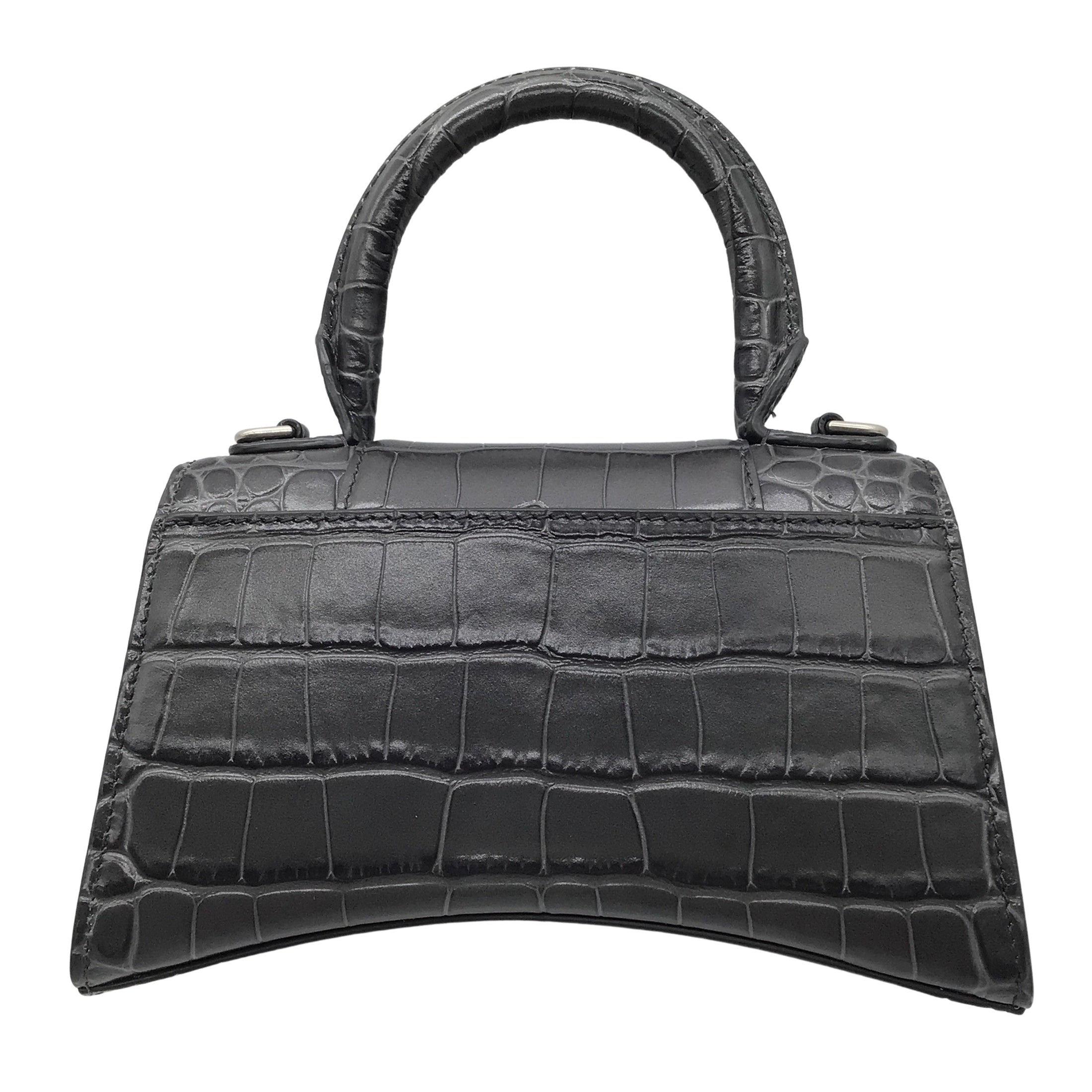 Balenciaga Dark Grey XS Hourglass Shiny Crocodile Embossed Calfskin Leather Top Handle Bag