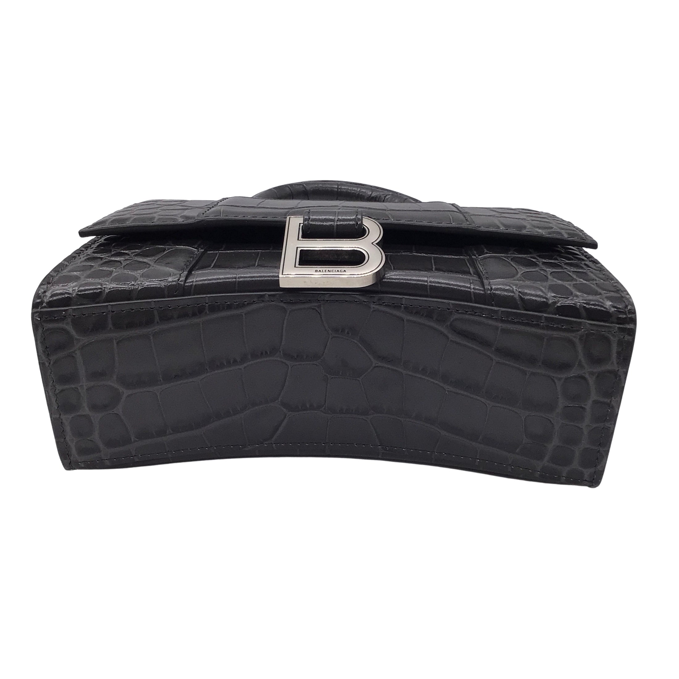 Balenciaga Dark Grey XS Hourglass Shiny Crocodile Embossed Calfskin Leather Top Handle Bag