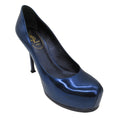 Load image into Gallery viewer, Yves Saint Laurent Blue Metallic Leather Tribtoo 80 Platform Pump
