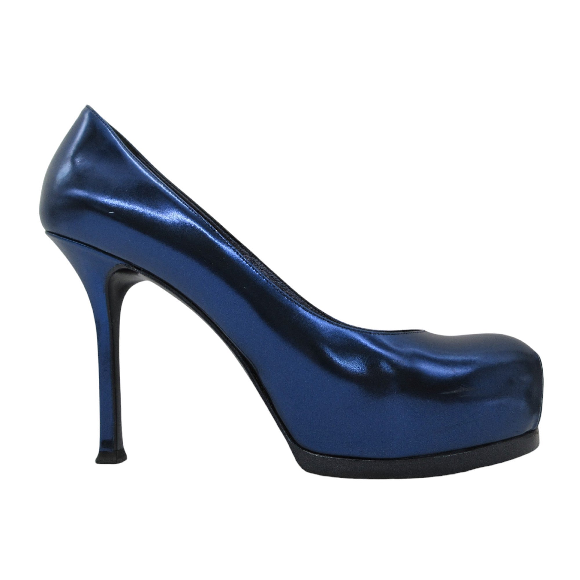 Yves Saint Laurent Blue Metallic Leather Tribtoo 80 Platform Pump