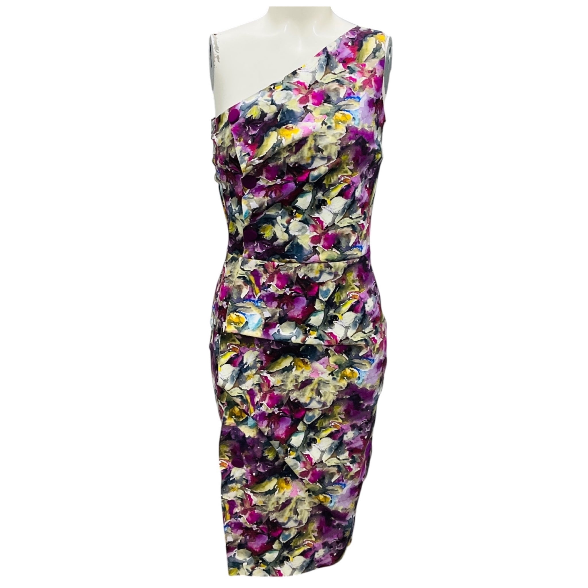 Chiara Boni La Petite Robe Purple Multi Printed One Shoulder Nylon Stretch Cocktail Dress