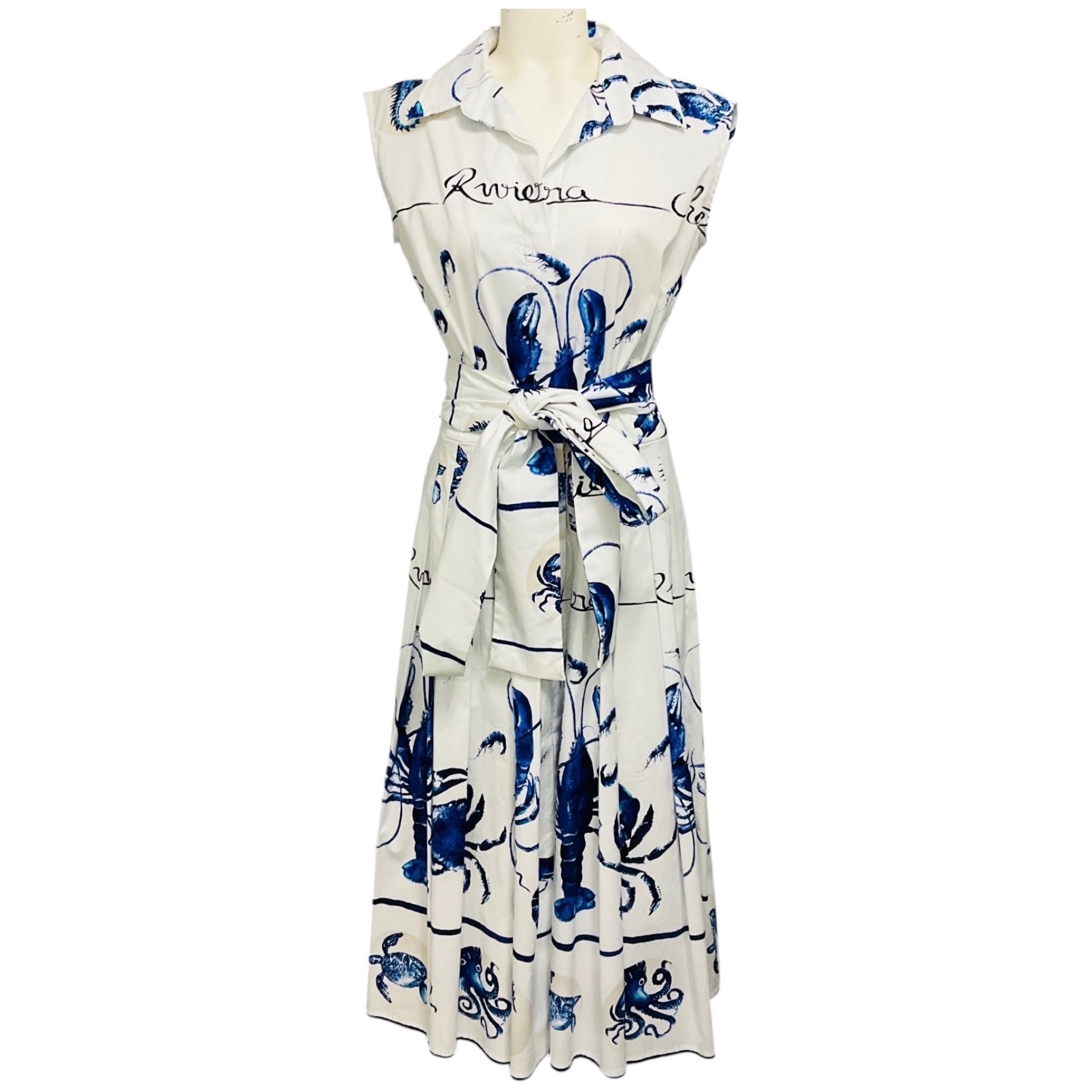 Samantha Sung White / Blue Printed Cotton Stretch Midi Dress
