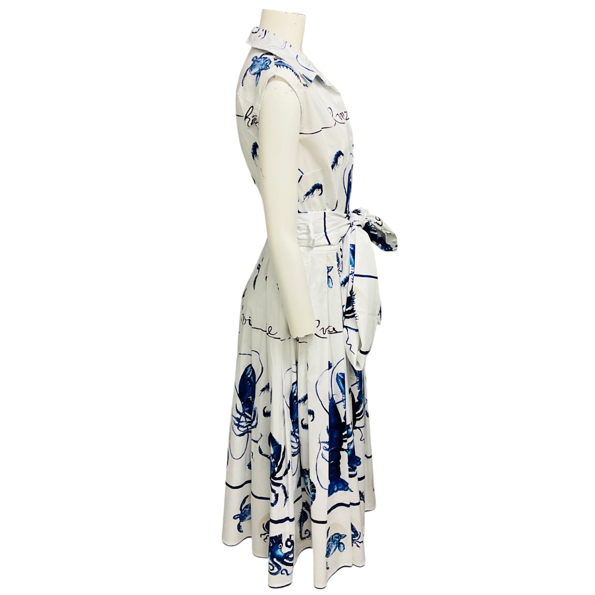 Samantha Sung White / Blue Printed Cotton Stretch Midi Dress
