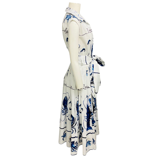 Samantha Sung White / Blue Printed Cotton Stretch Midi Dress