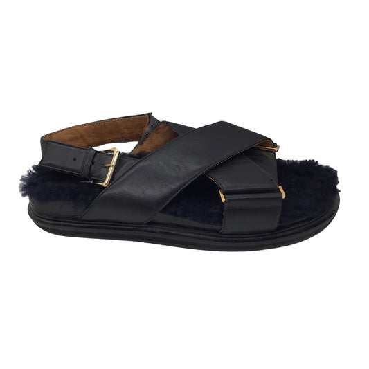 Marni Black Fussbett Shearling Lined Cross Strap Leather Slingback Sandals