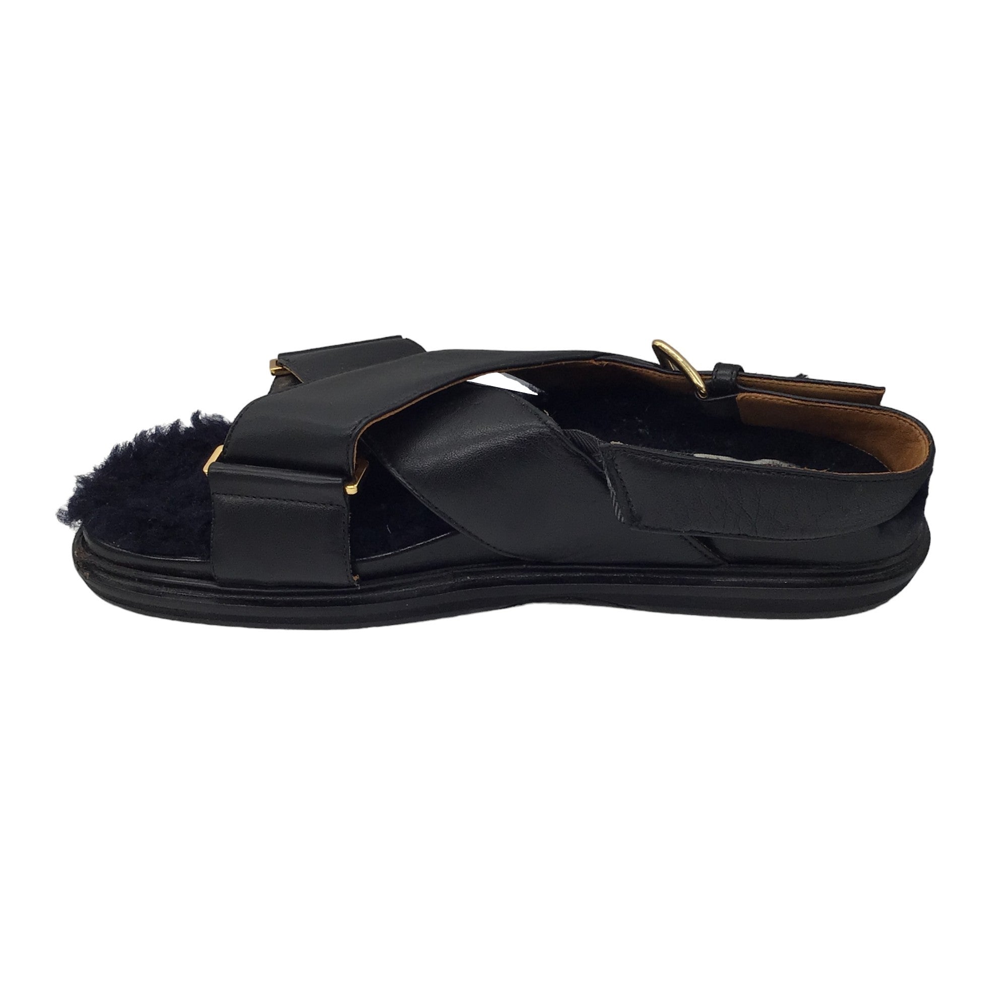 Marni Black Fussbett Shearling Lined Cross Strap Leather Slingback Sandals