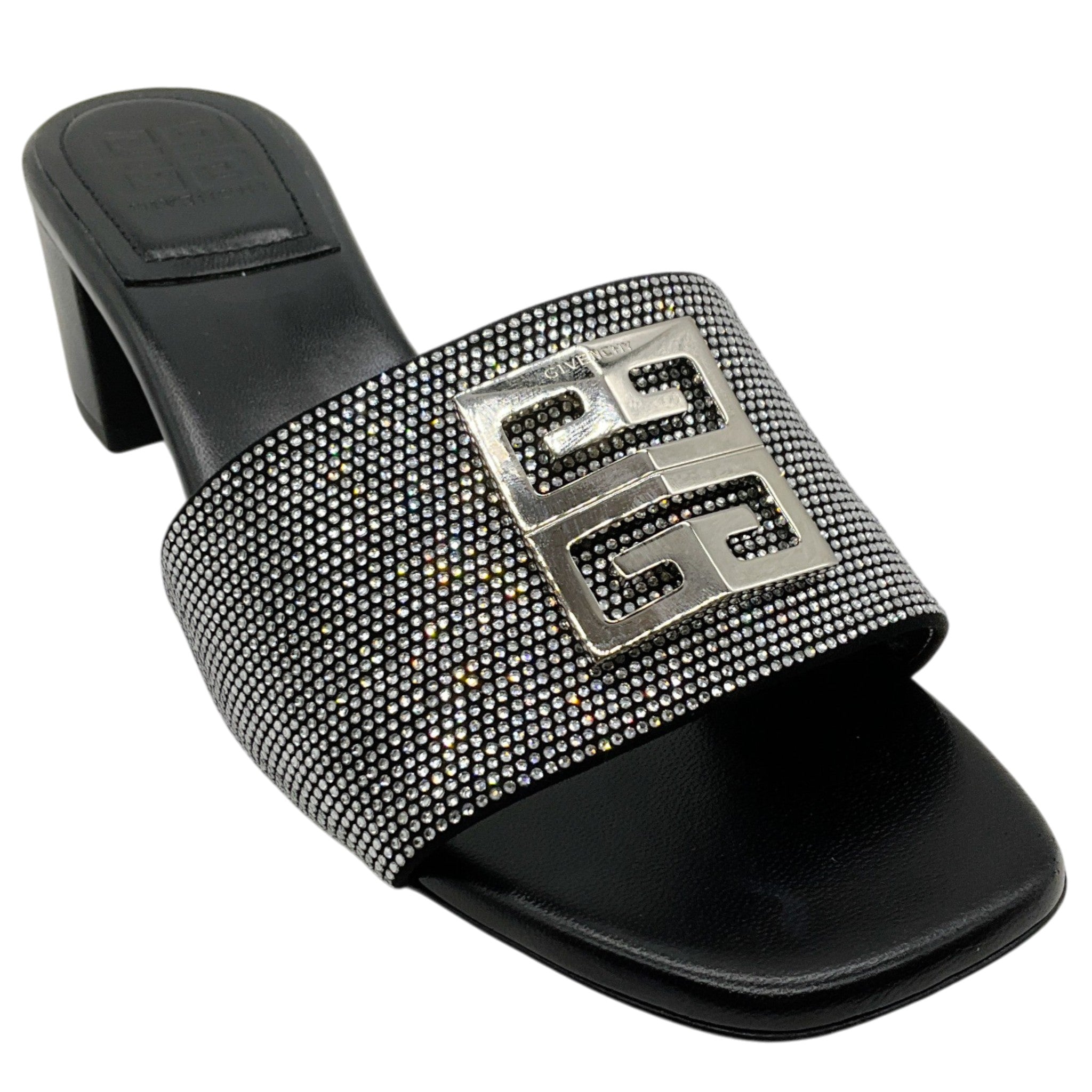 Givenchy Black / Silver Logo Slide Sandals with Crystal Embellishments
