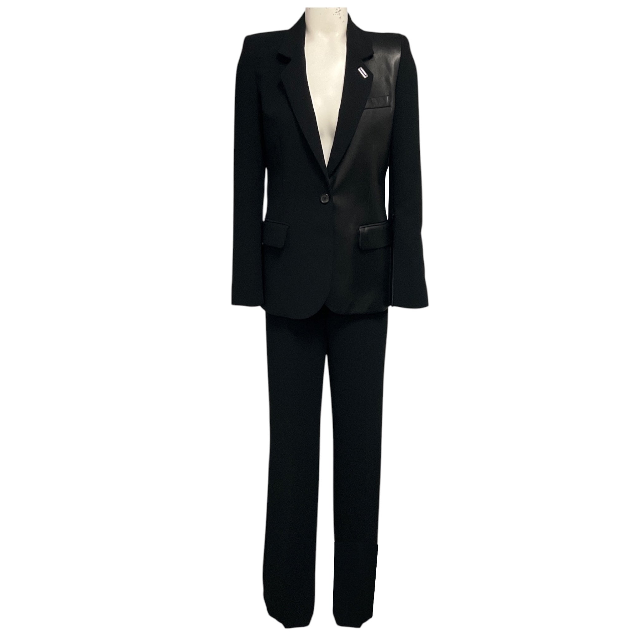 Barbara Bui Black Leather Trimmed Crepe Jacket and Wide Leg Crepe Trousers Suit Set