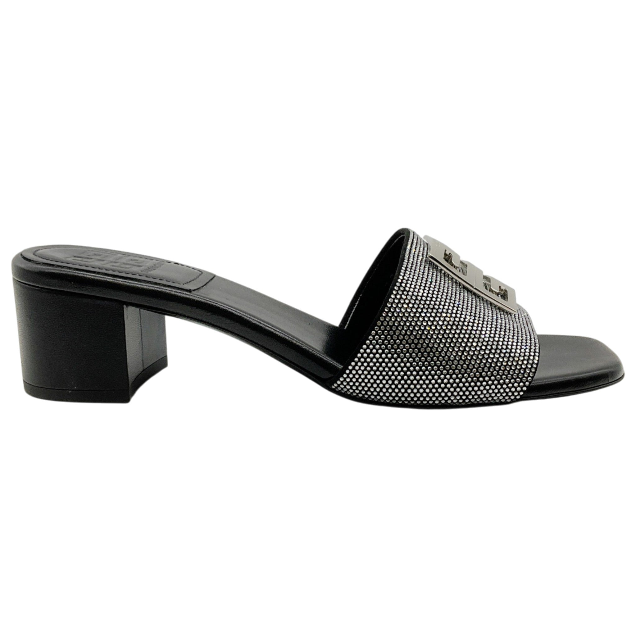 Givenchy Black / Silver Logo Slide Sandals with Crystal Embellishments