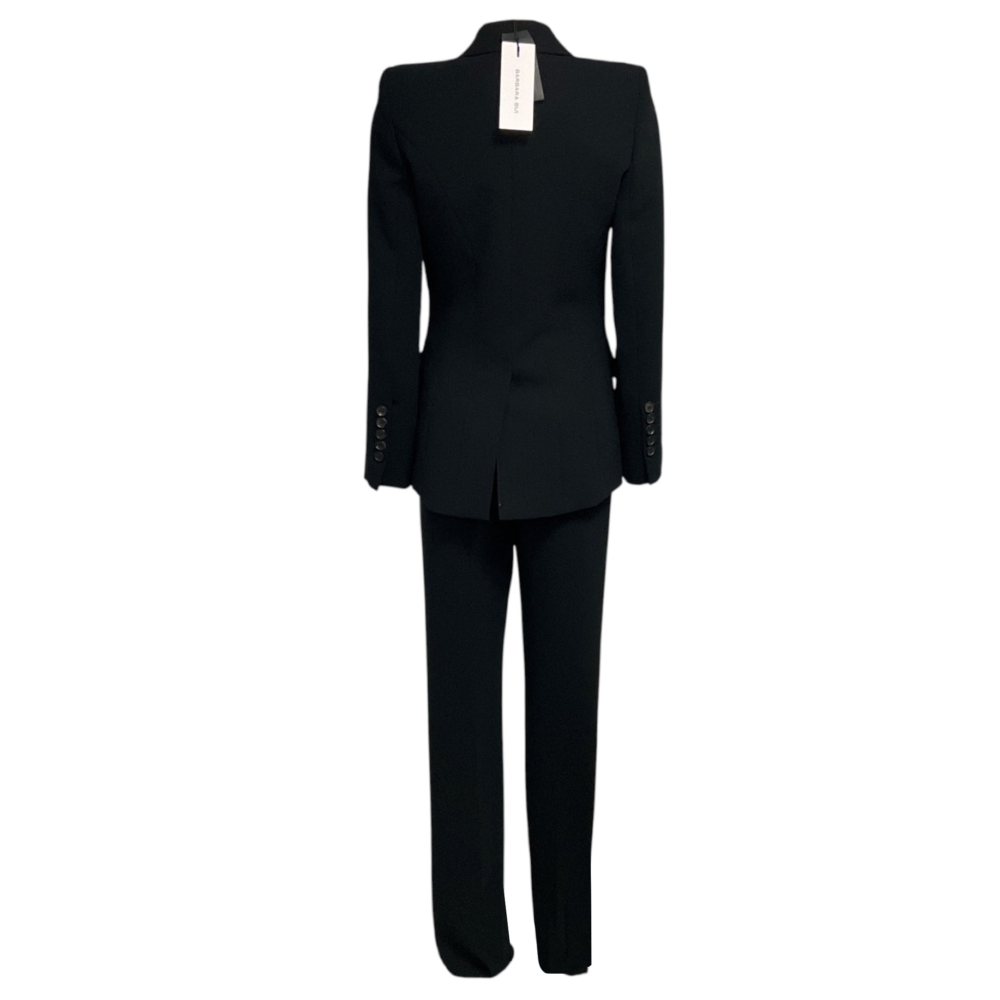 Barbara Bui Black Leather Trimmed Crepe Jacket and Wide Leg Crepe Trousers Suit Set