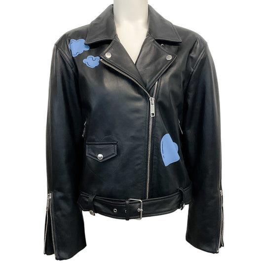 Moschino Jeans Black Leather Moto Jacket with Blue Print