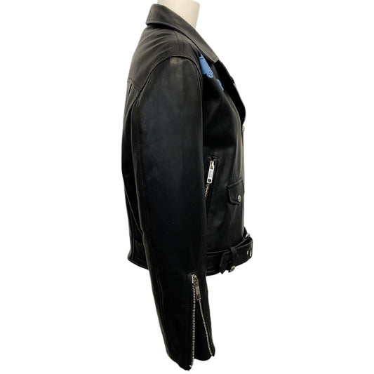 Moschino Jeans Black Leather Moto Jacket with Blue Print