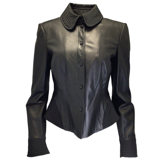 Armani Collezioni Black Quilted Trim Leather Jacket