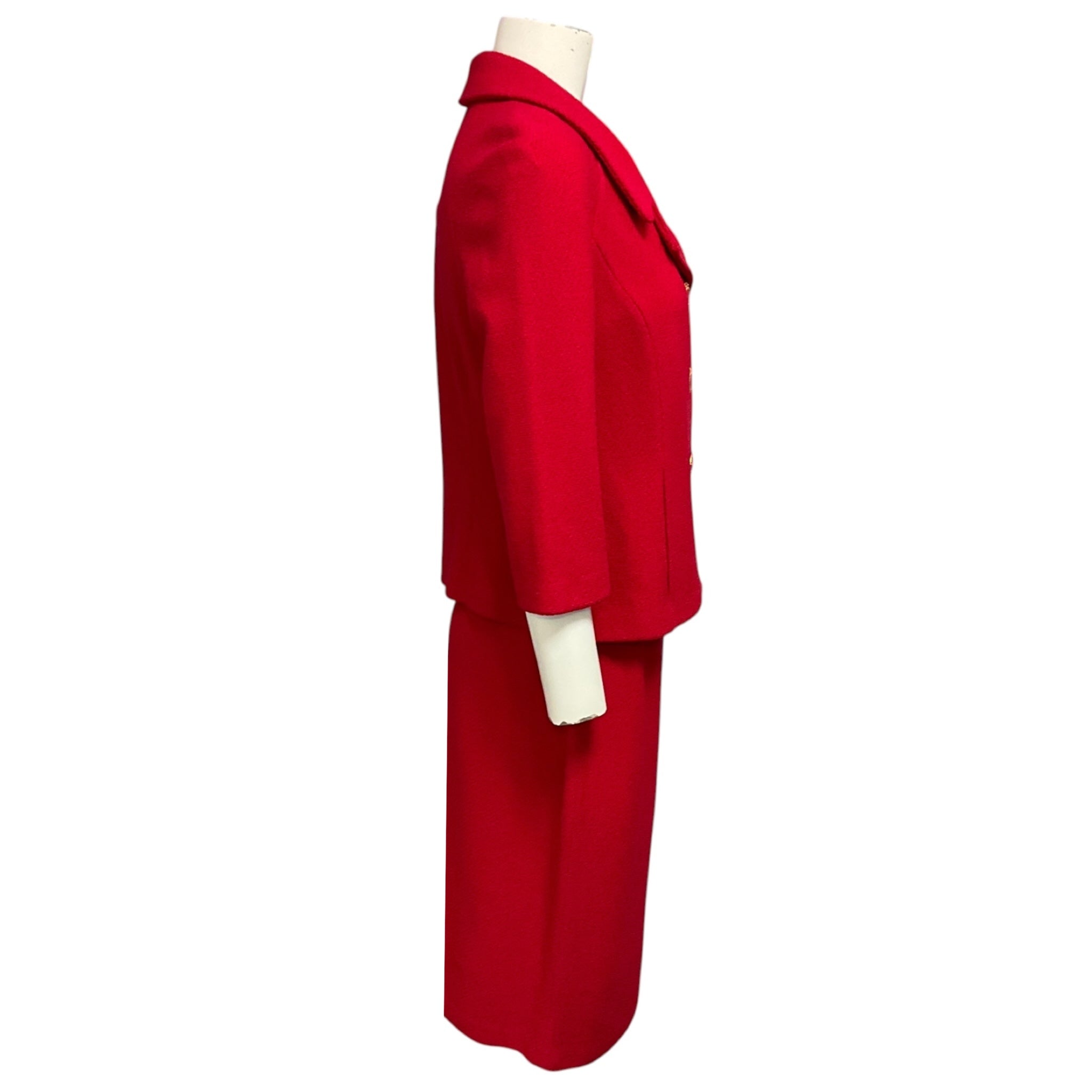 St. John Cerise Red Wool Knit Jacket and Skirt Suit Set