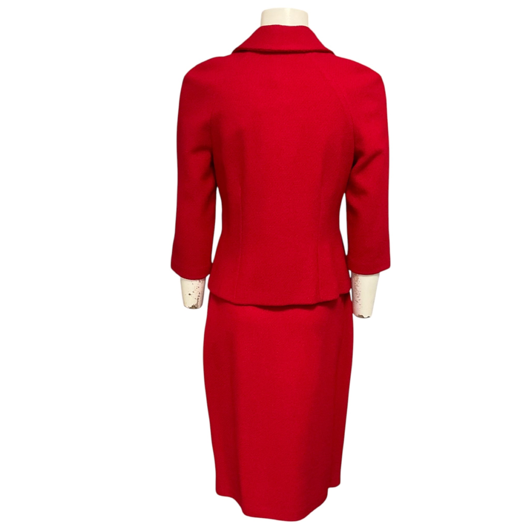 St. John Cerise Red Wool Knit Jacket and Skirt Suit Set