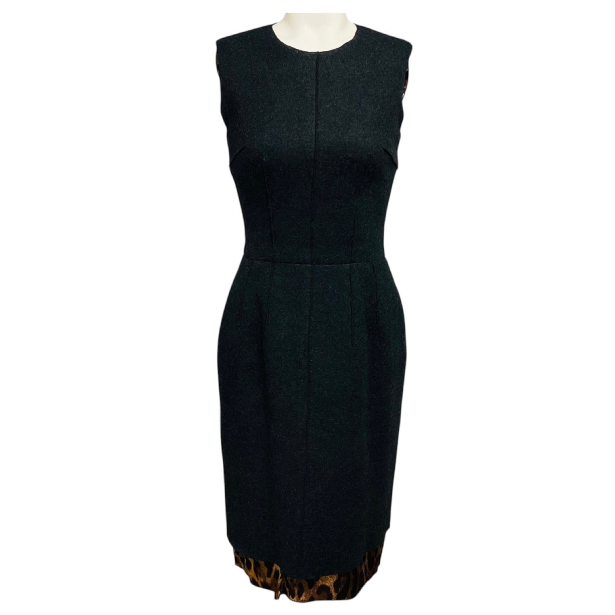 Dolce & Gabbana Charcoal Grey Sleeveless Wool Midi Dress with Leopard Print Hem
