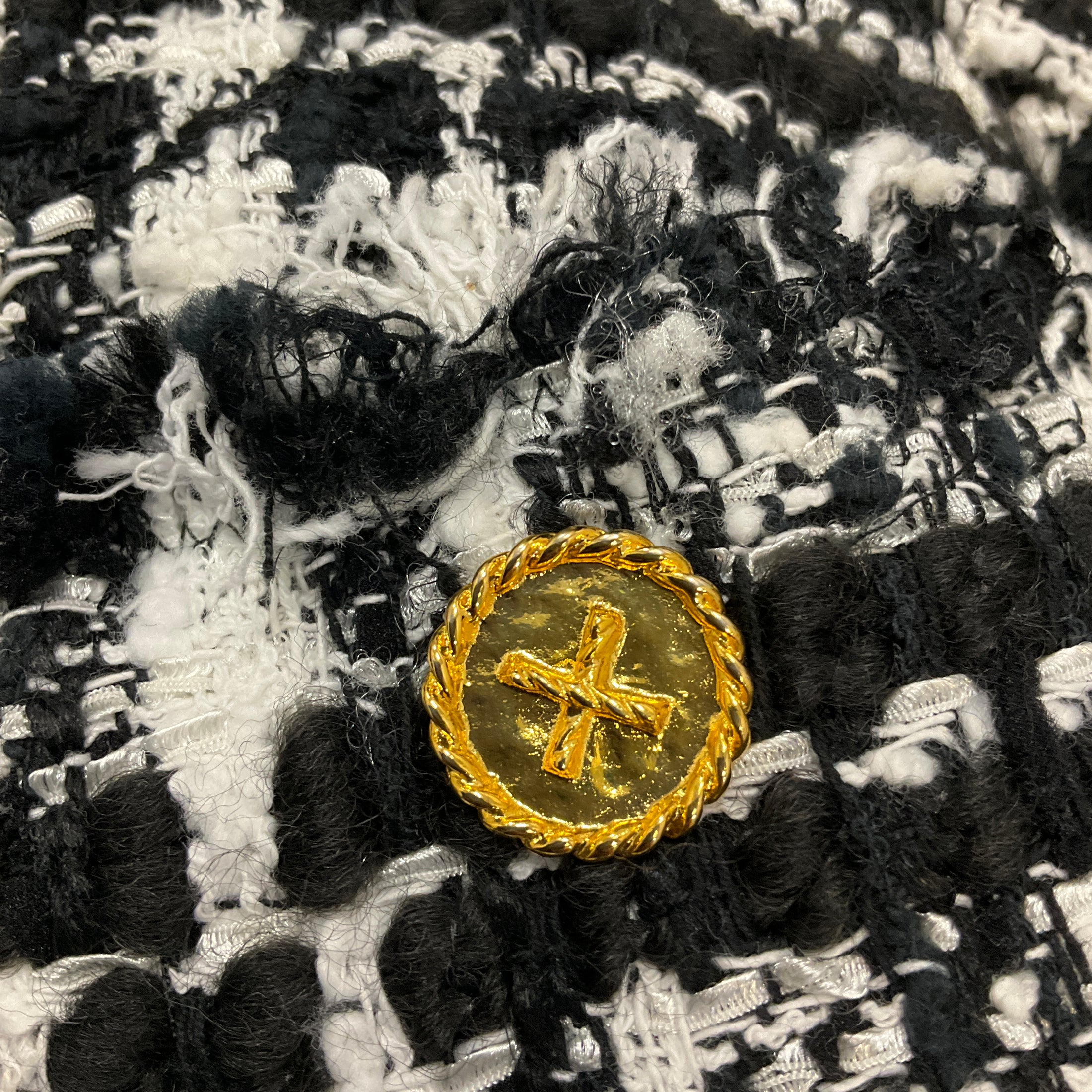 Edward Achour Black / White Fringed Tweed Coat with Gold Buttons