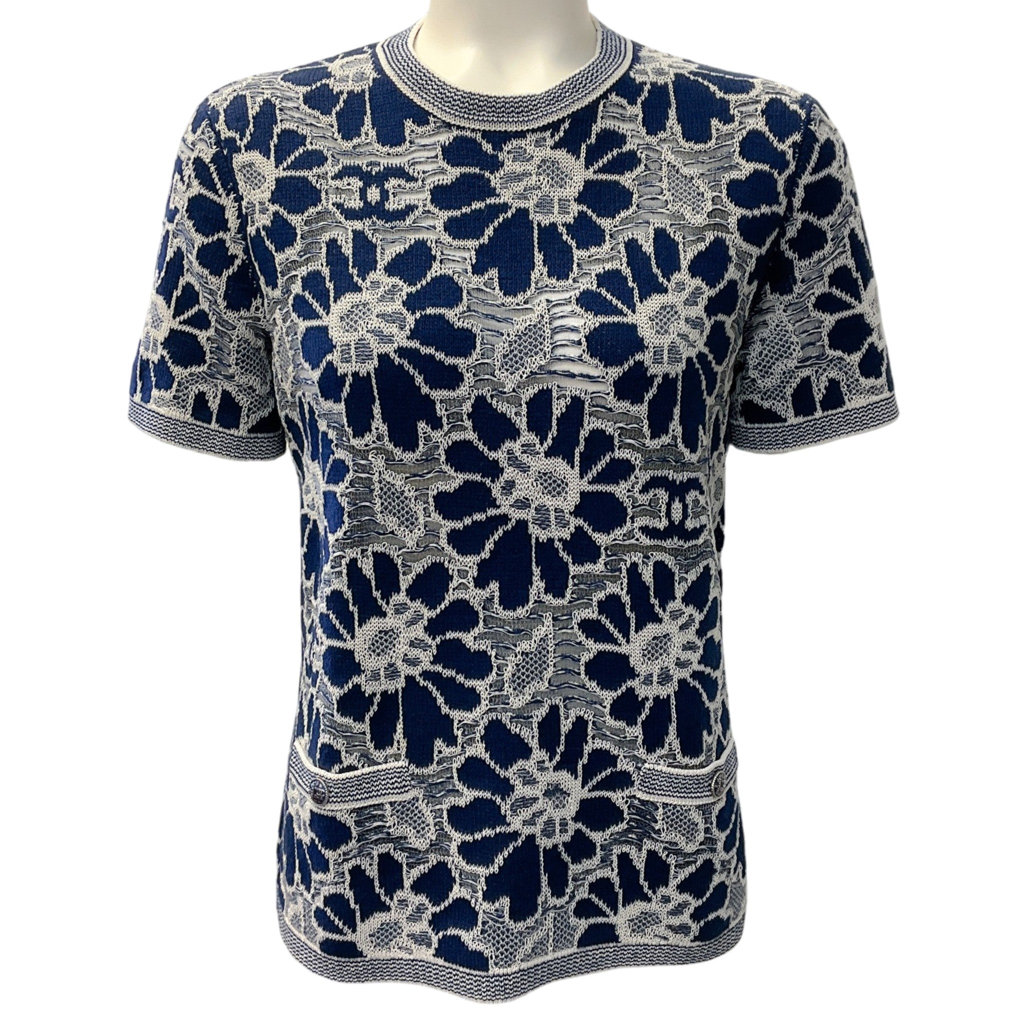 Chanel Navy Blue / White Floral Knit Top