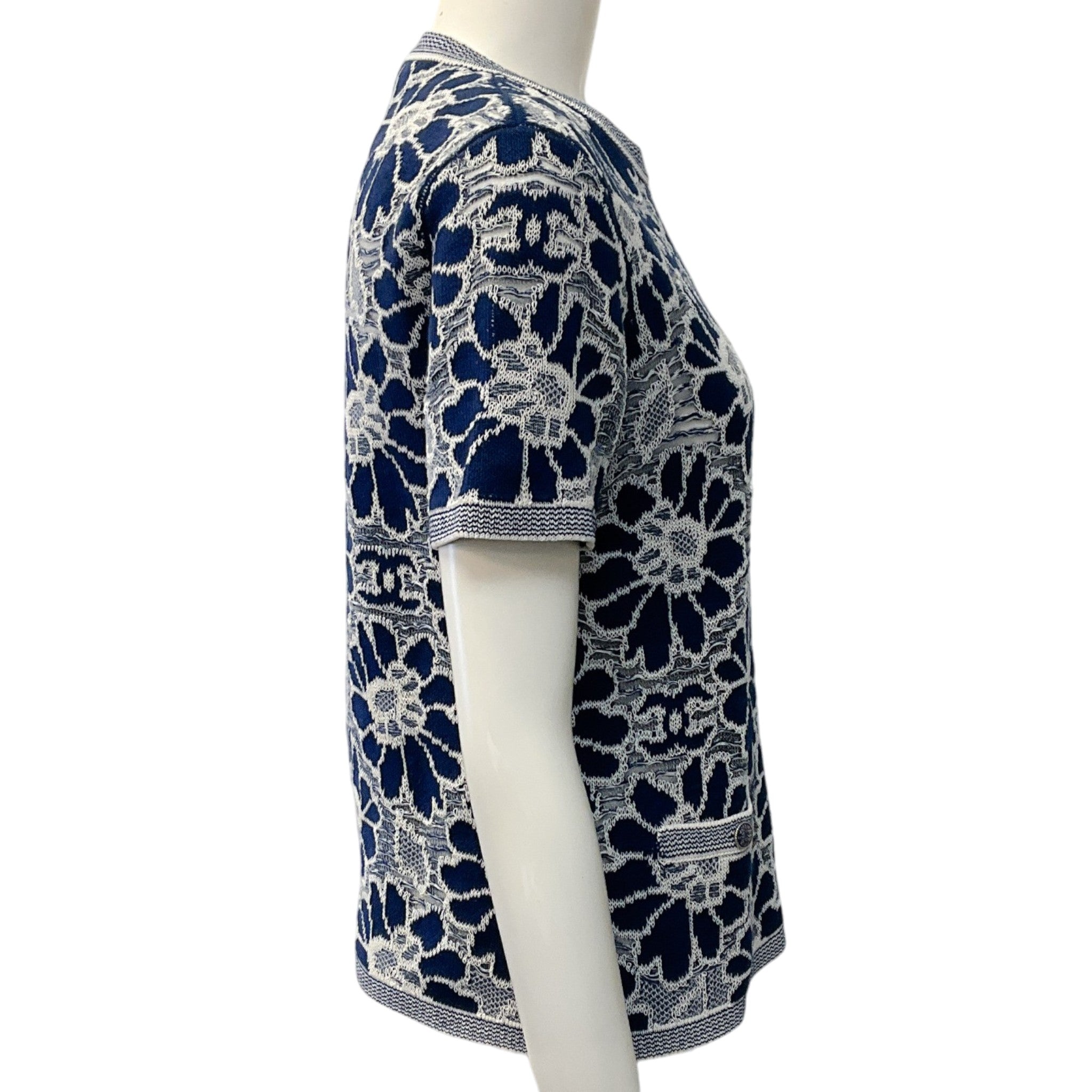 Chanel Navy Blue / White Floral Knit Top
