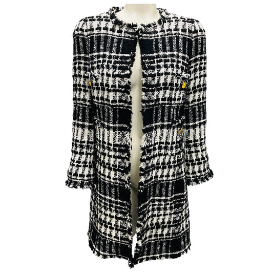 Edward Achour Black / White Fringed Tweed Coat with Gold Buttons