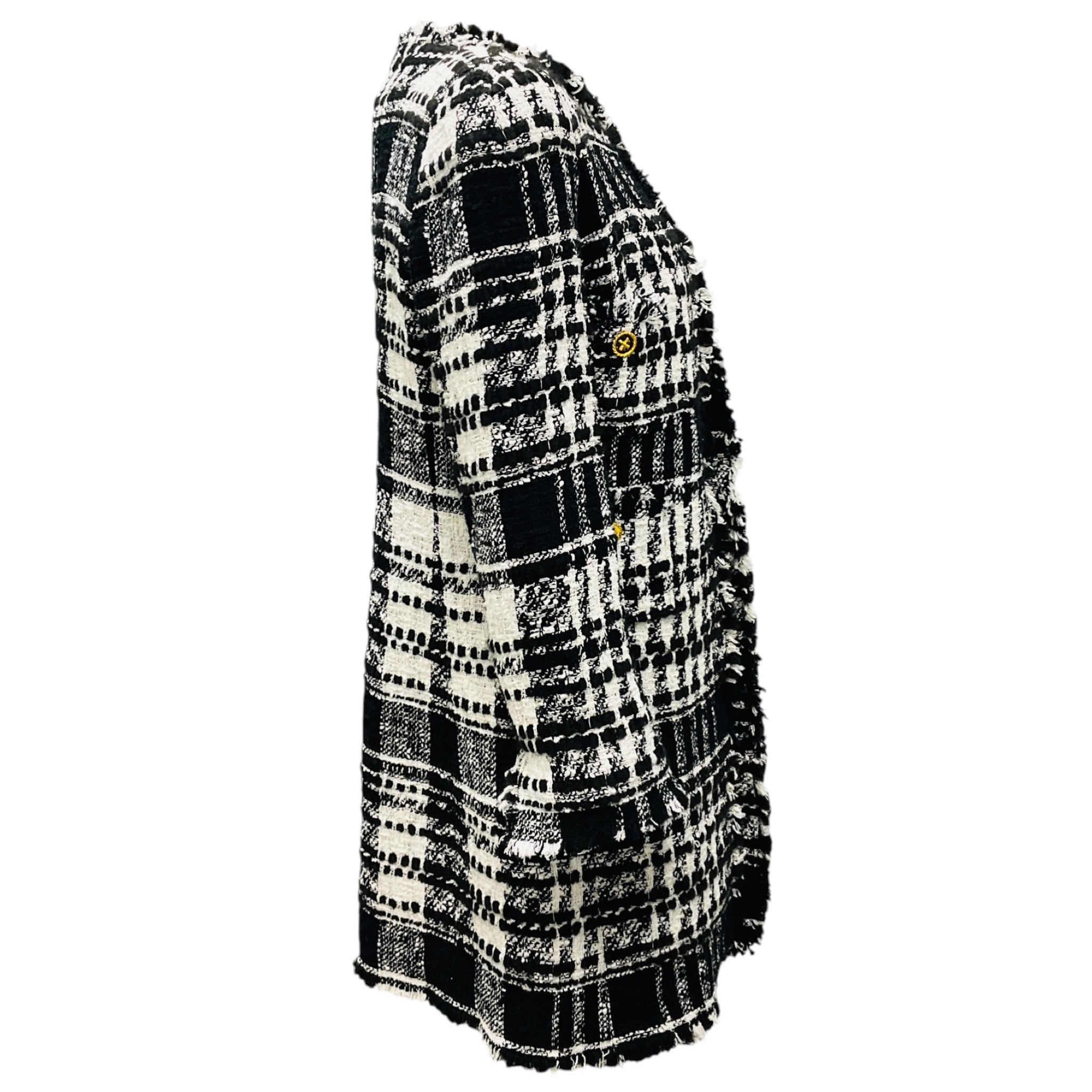 Edward Achour Black / White Fringed Tweed Coat with Gold Buttons