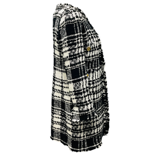 Edward Achour Black / White Fringed Tweed Coat with Gold Buttons