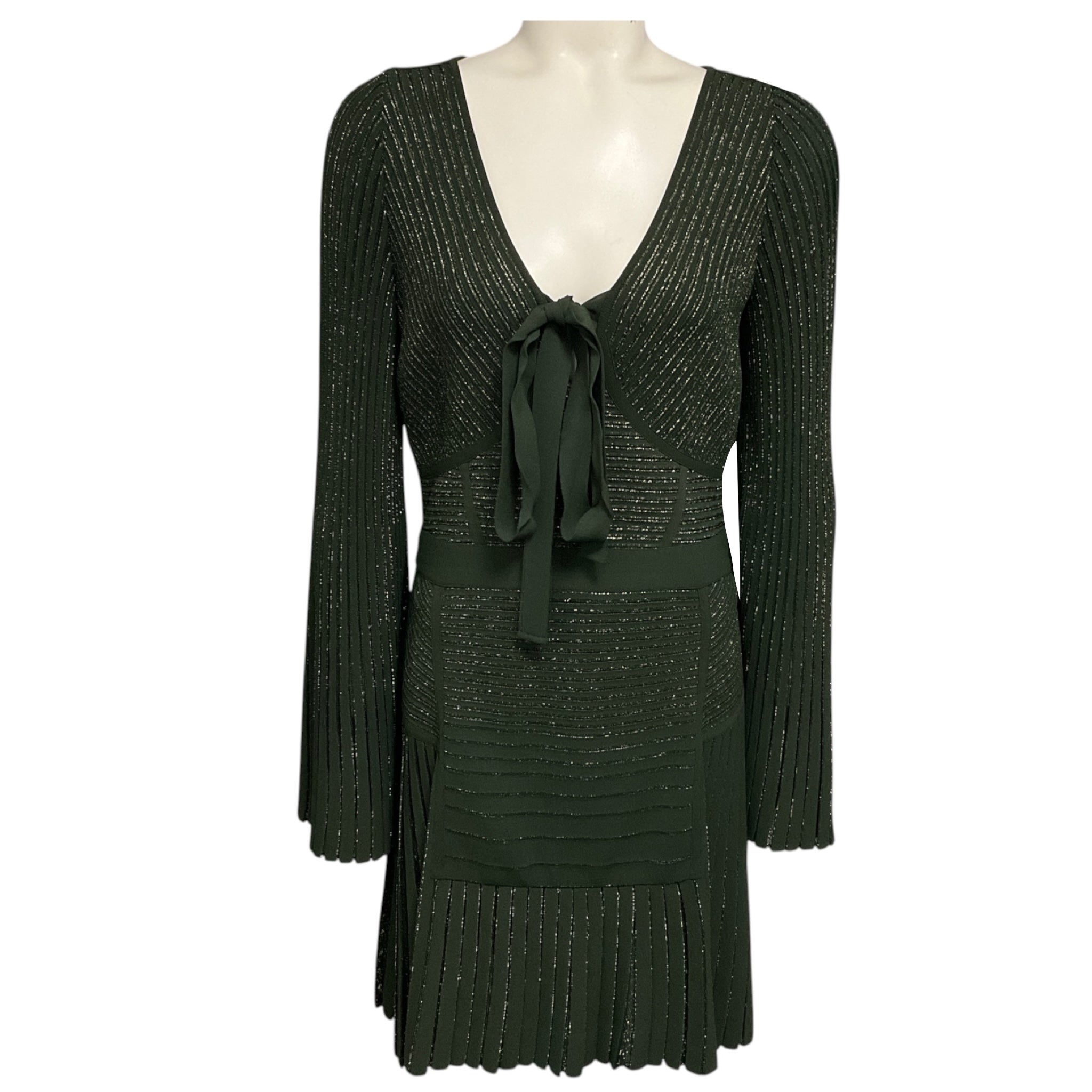 Elie Saab Olive Green / Gold Metallic Knit Cocktail Dress