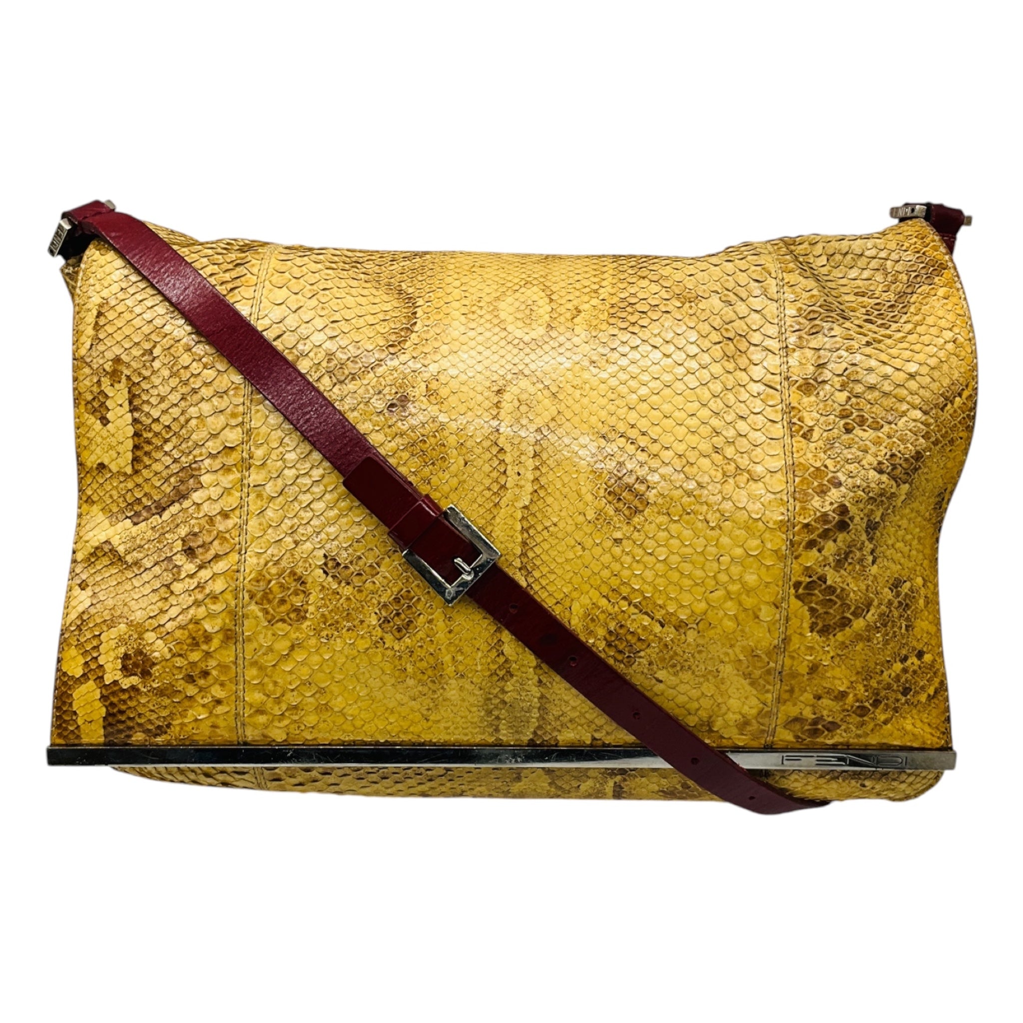Fendi Vintage Mustard Yellow / Maroon Red Snakeskin Leather Shoulder Bag