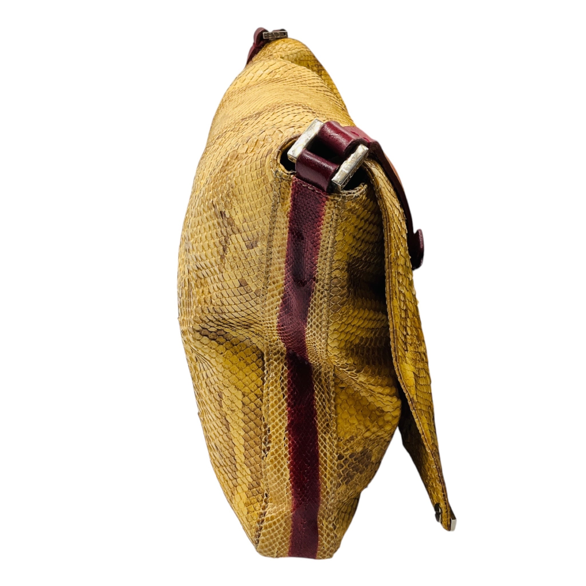 Fendi Vintage Mustard Yellow / Maroon Red Snakeskin Leather Shoulder Bag