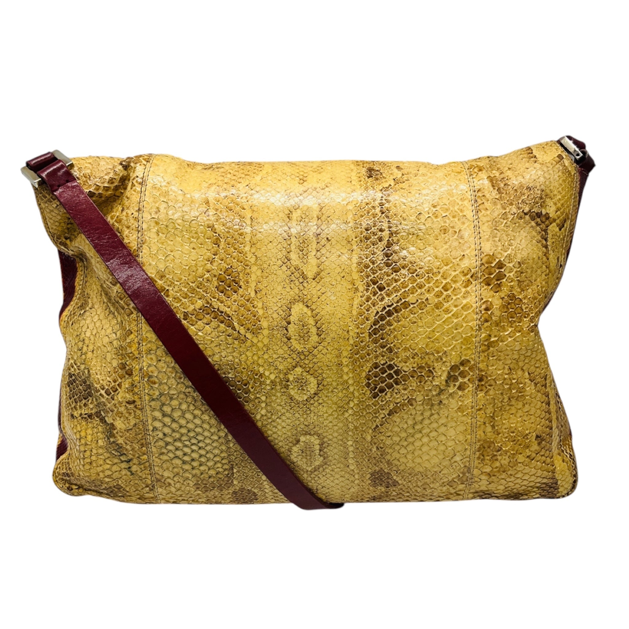 Fendi Vintage Mustard Yellow / Maroon Red Snakeskin Leather Shoulder Bag