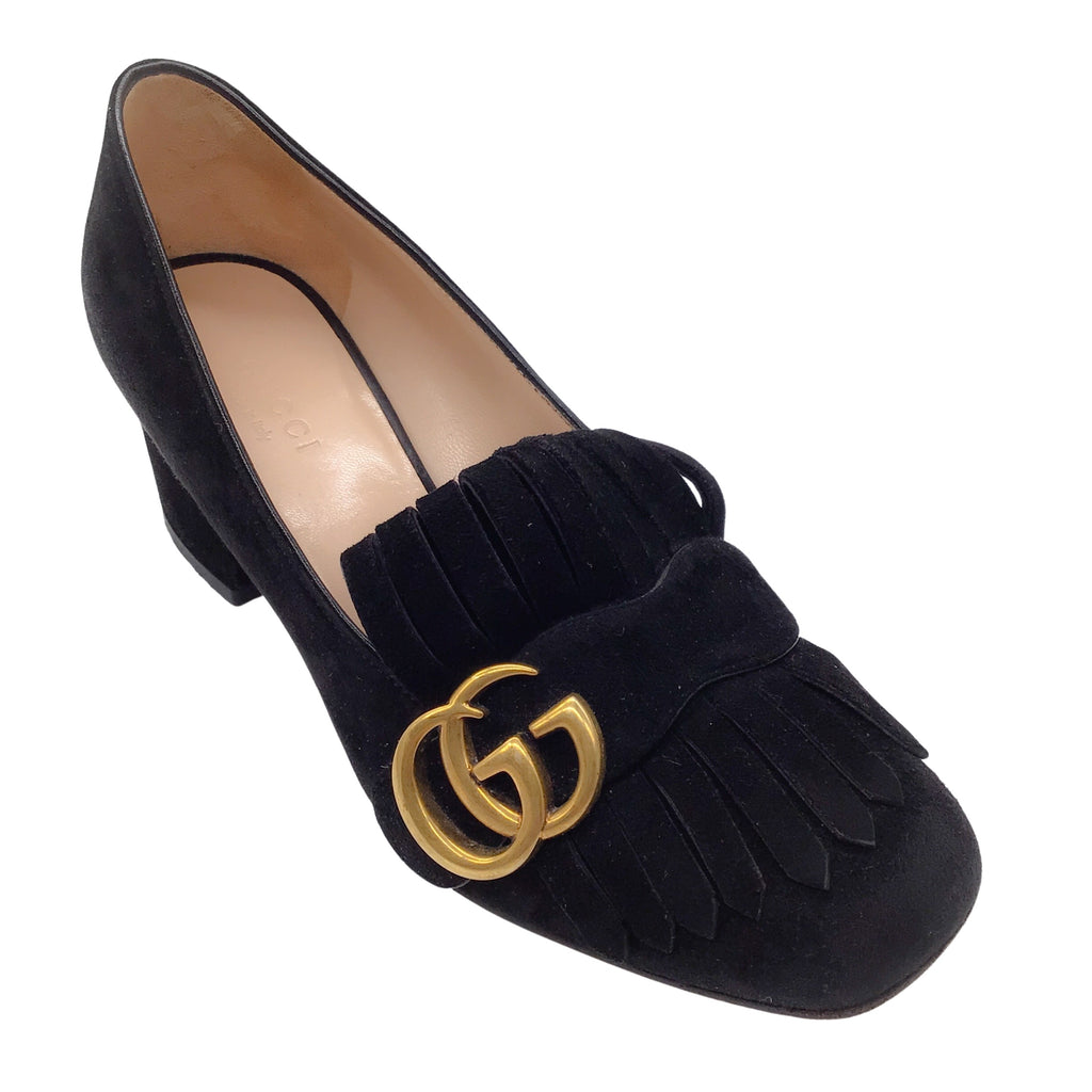 Gucci Black / Antiqued Gold Marmont Fringed GG Mid-Heel Suede Loafer – Resale Couture