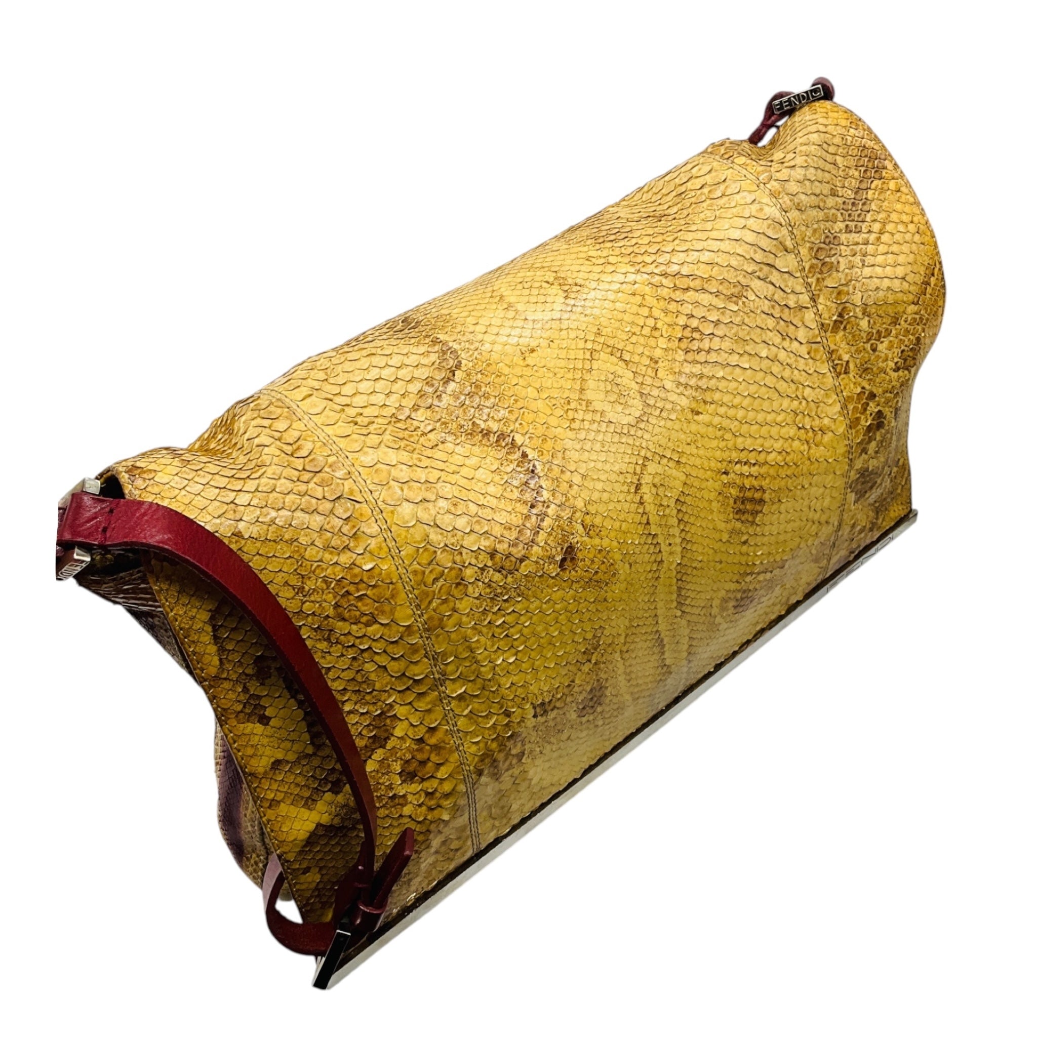 Fendi Vintage Mustard Yellow / Maroon Red Snakeskin Leather Shoulder Bag