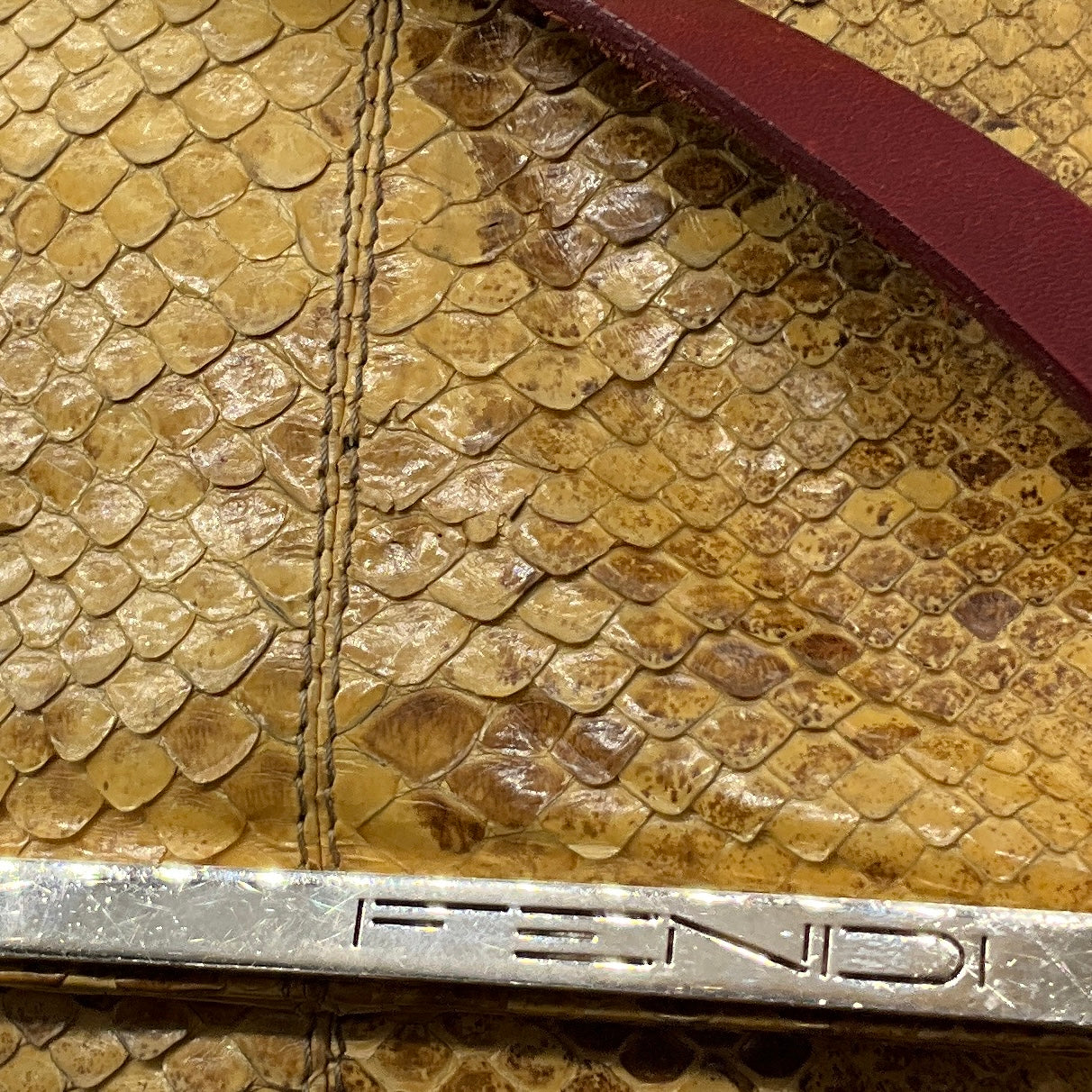 Fendi Vintage Mustard Yellow / Maroon Red Snakeskin Leather Shoulder Bag