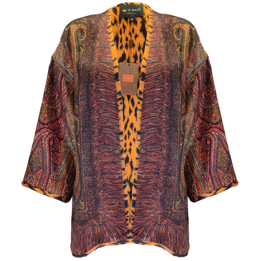 Etro Orange Multi Paisley and Leopard Printed Open Silk Jacket