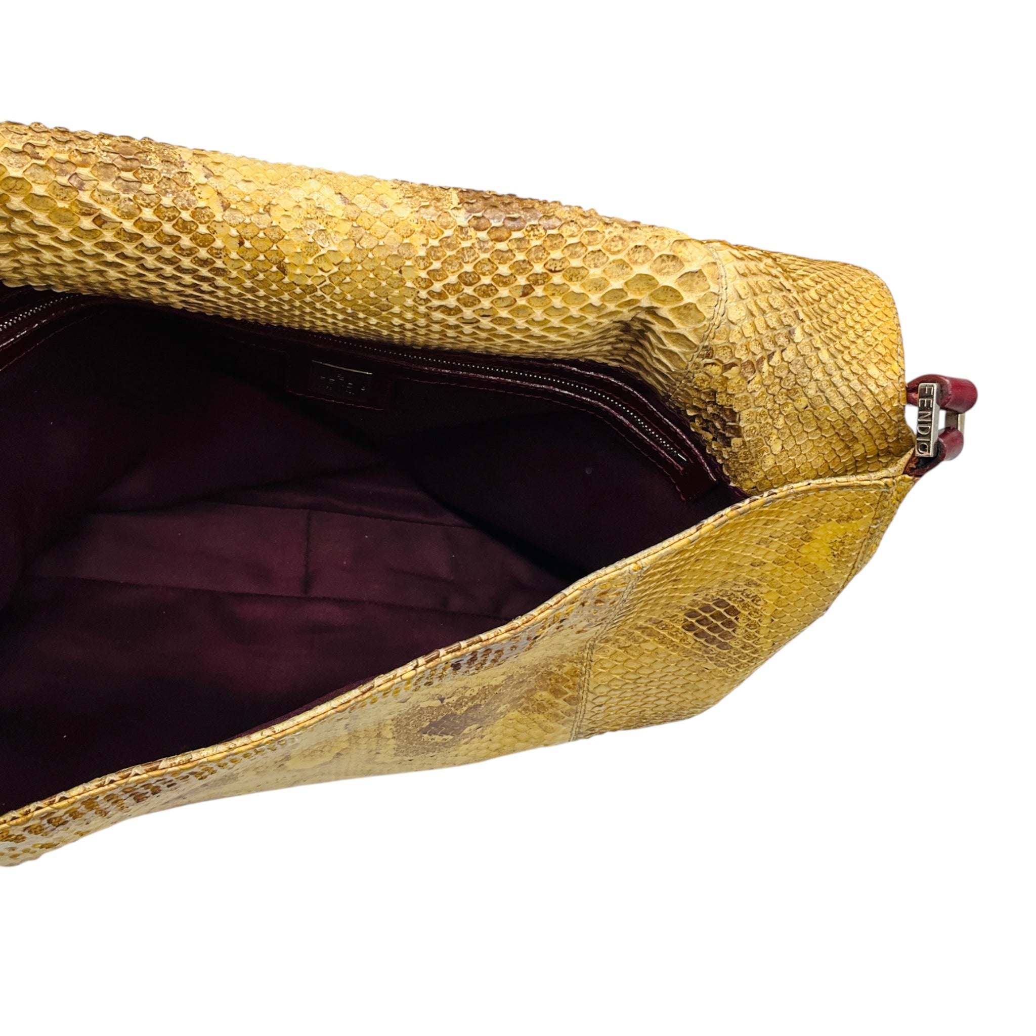 Fendi Vintage Mustard Yellow / Maroon Red Snakeskin Leather Shoulder Bag