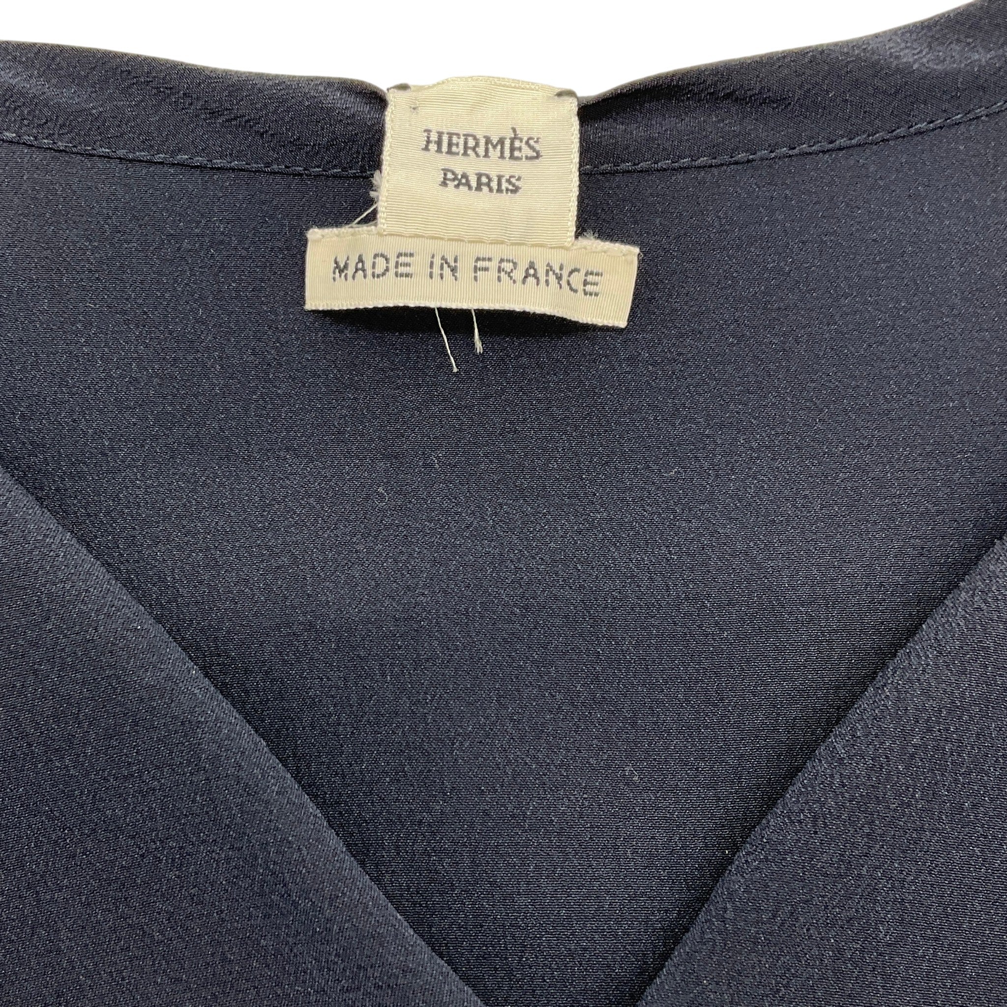 Hermes Navy Blue Silk Flutter Sleeve Drape Top