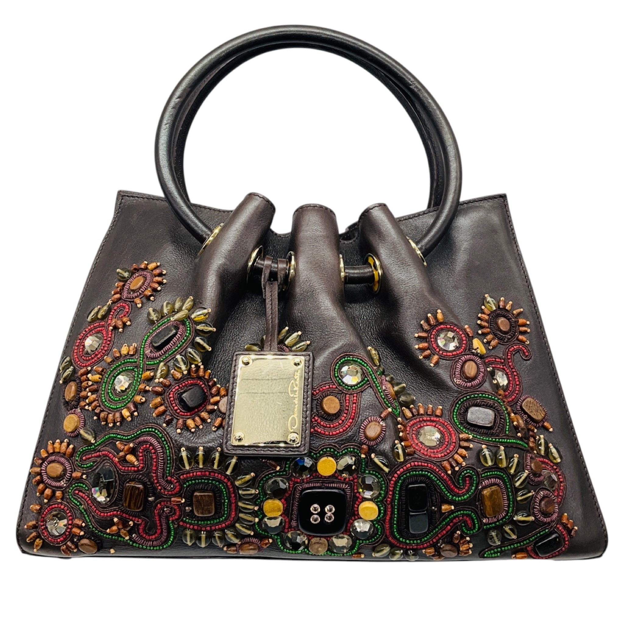 Oscar de la Renta Brown Multi Beaded and Stone Embellished Leather Handbag