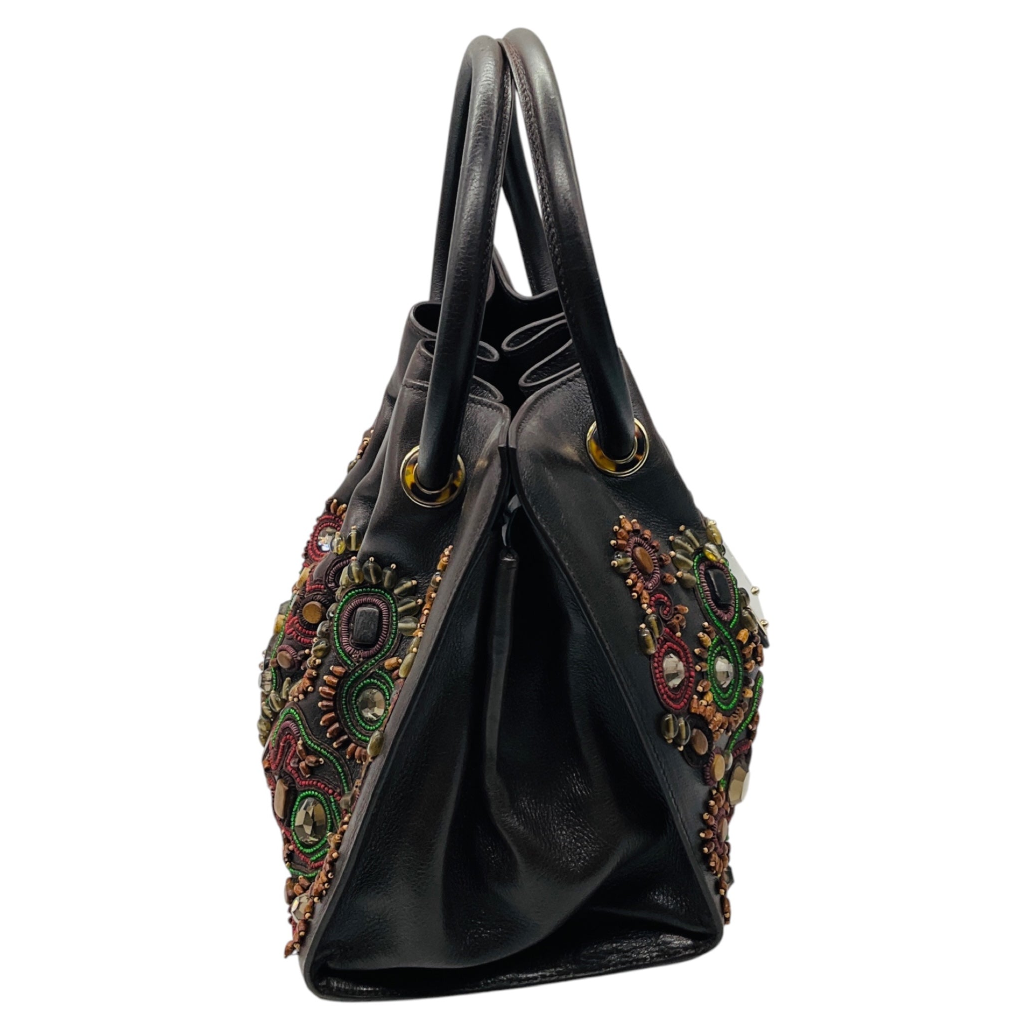 Oscar de la Renta Brown Multi Beaded and Stone Embellished Leather Handbag