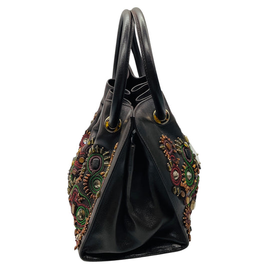 Oscar de la Renta Brown Multi Beaded and Stone Embellished Leather Handbag